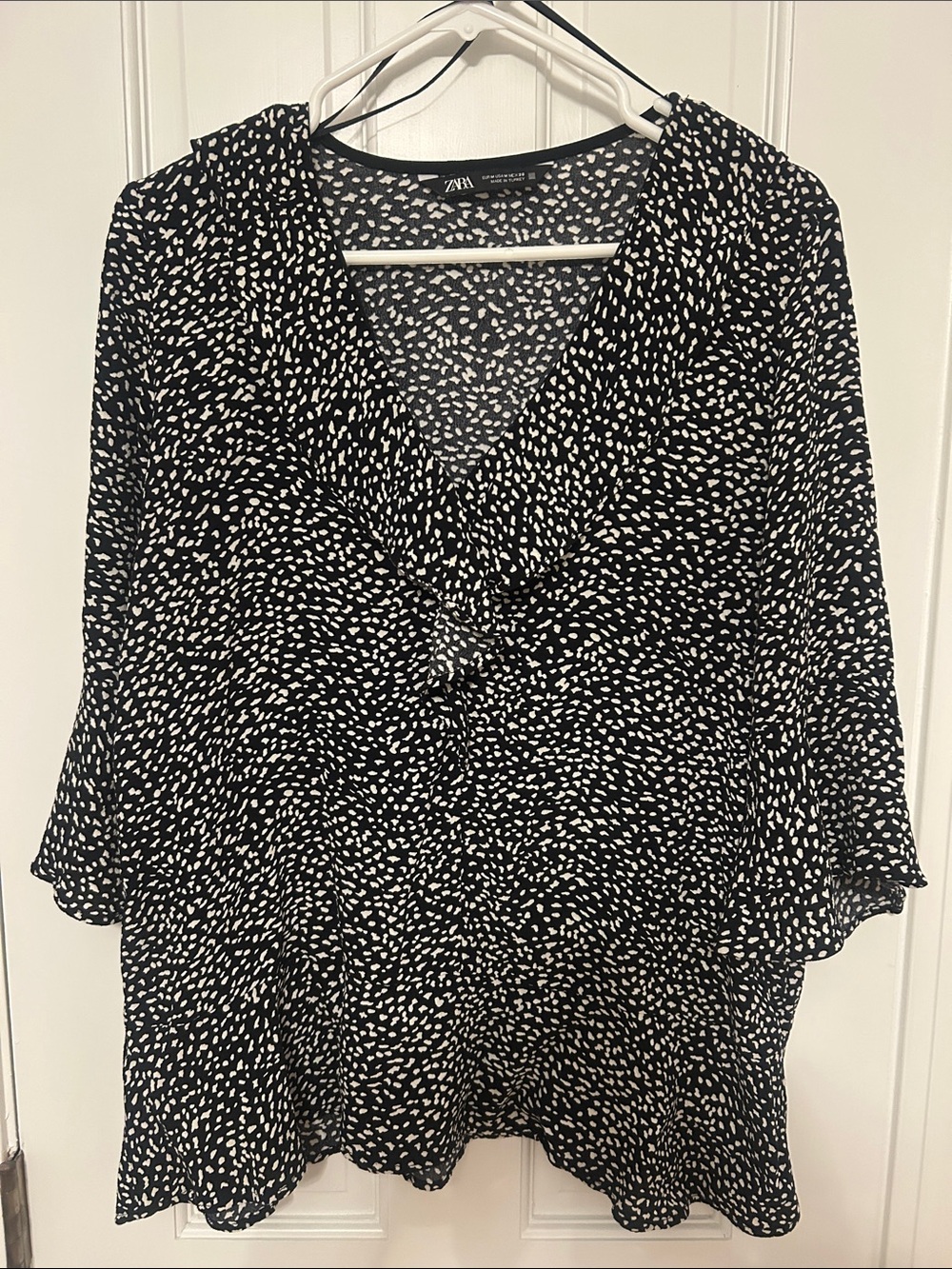 Zara Black Blouse with White Dot Print V-Neck